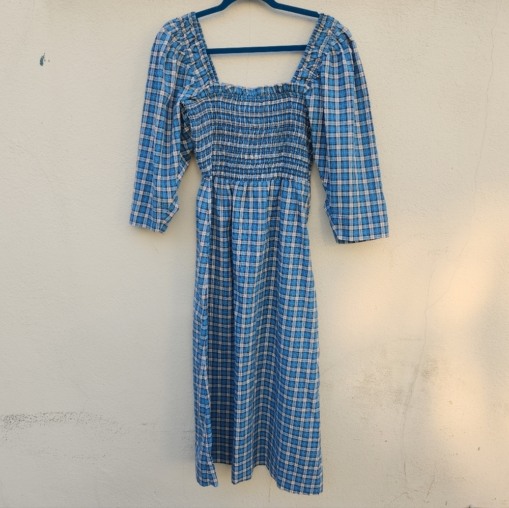 GANNI Seersucker Check Smock Midi Dress - Azure Blue - Picture 4 of 10